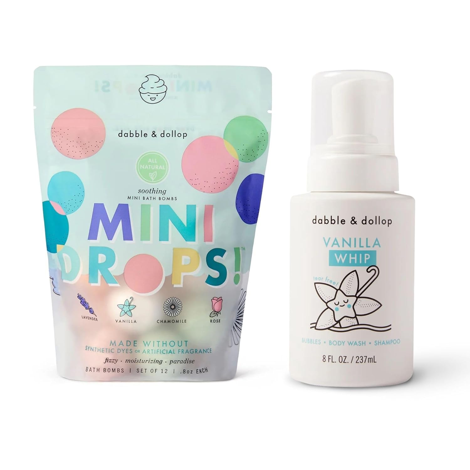Dabble & Dollop Soothing Mini Bath Bombs & Vanilla Shampoo, Body Wash and Bubble Bath for Kids - All Natural, Resealable Pouch, Foaming Whip, USA Made, Vegan, Gluten-Free, Cruelty-Free (Pack of 2)
