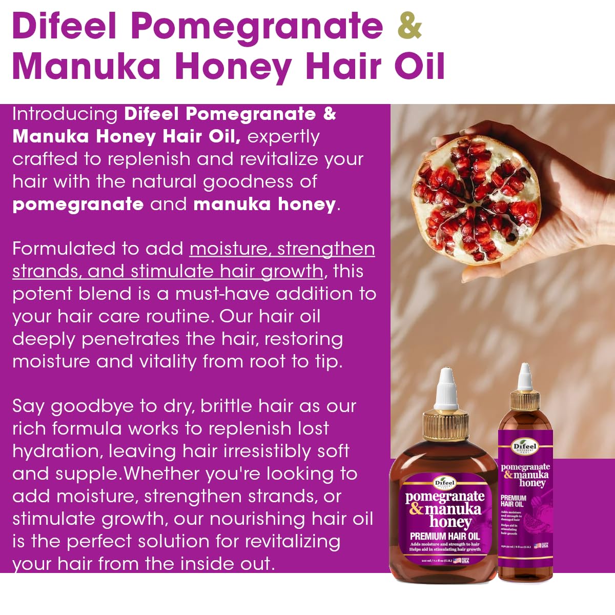 Difeel Pomegranate Manuka Honey Hair Oil 7.1 oz for Enhanced Growth and Deep Moisture - Image 3
