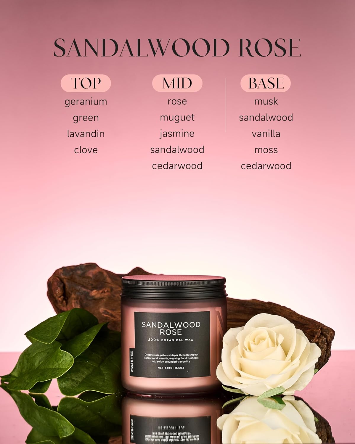 M&SENSE Sandalwood Rose Scented Candle - 11.6oz Natural Soy Wax Non Toxic 70-Hour Burn Long Lasting Candle, 2-Wick Strong Scent for Home - Slow-Burning Housewarming Gift for Men & Women - Image 2