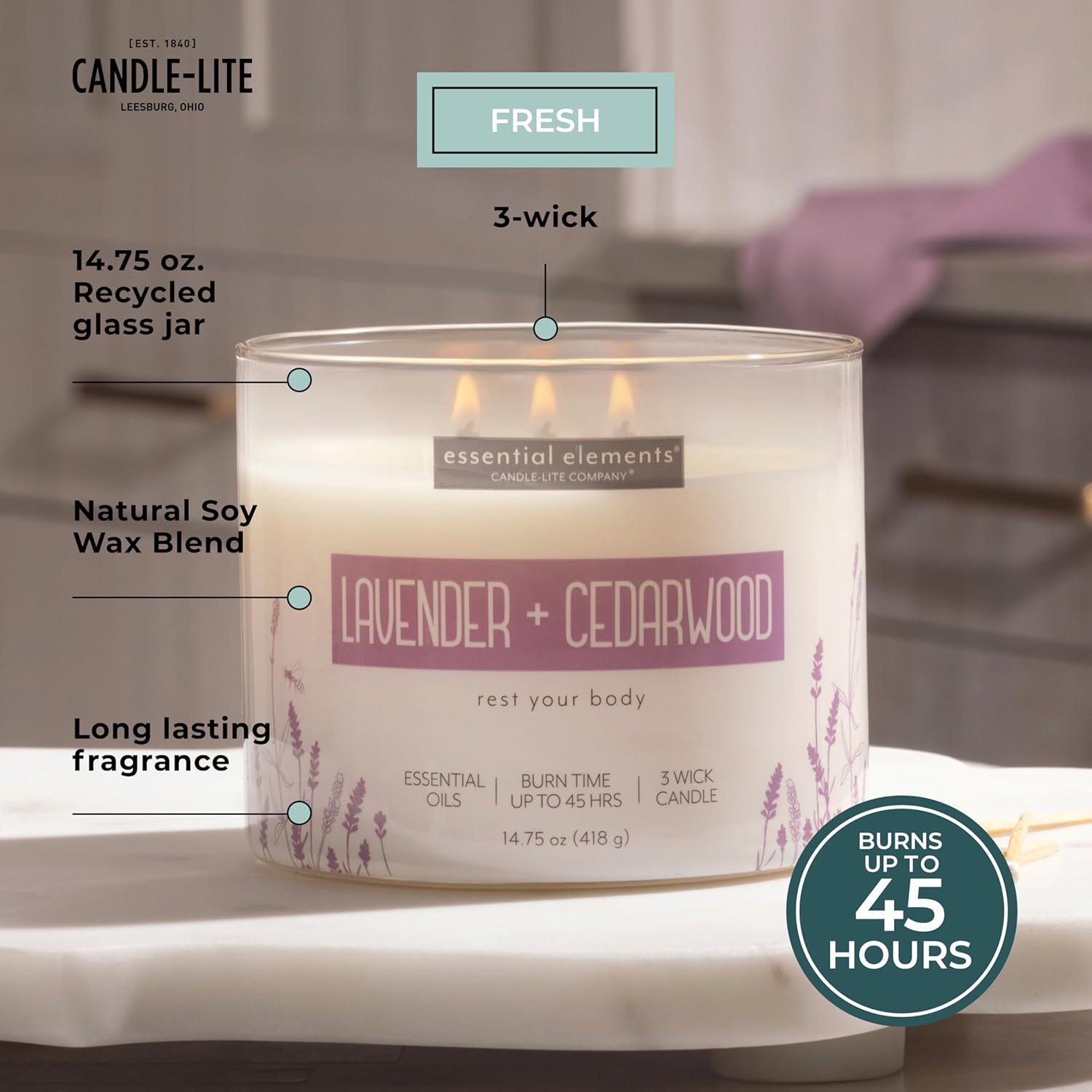 Candle-lite 14.75 oz Lavender Cedarwood 3-Wick Scented Jar Candle 45 Hour Burn Time - Image 2