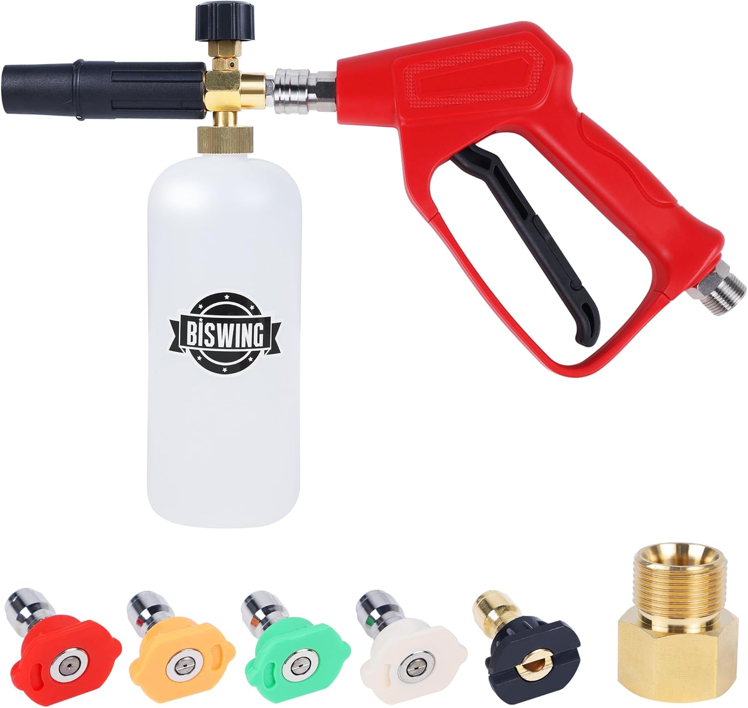 Biswing Pressure Washer Gun with Foam Cannon, Snow Foam Lance with 1/4 Inch Quick Connector 4000 PSI, 5 Pressure Washer Nozzle Tips, M22 Inlet Connector, 1 Liter