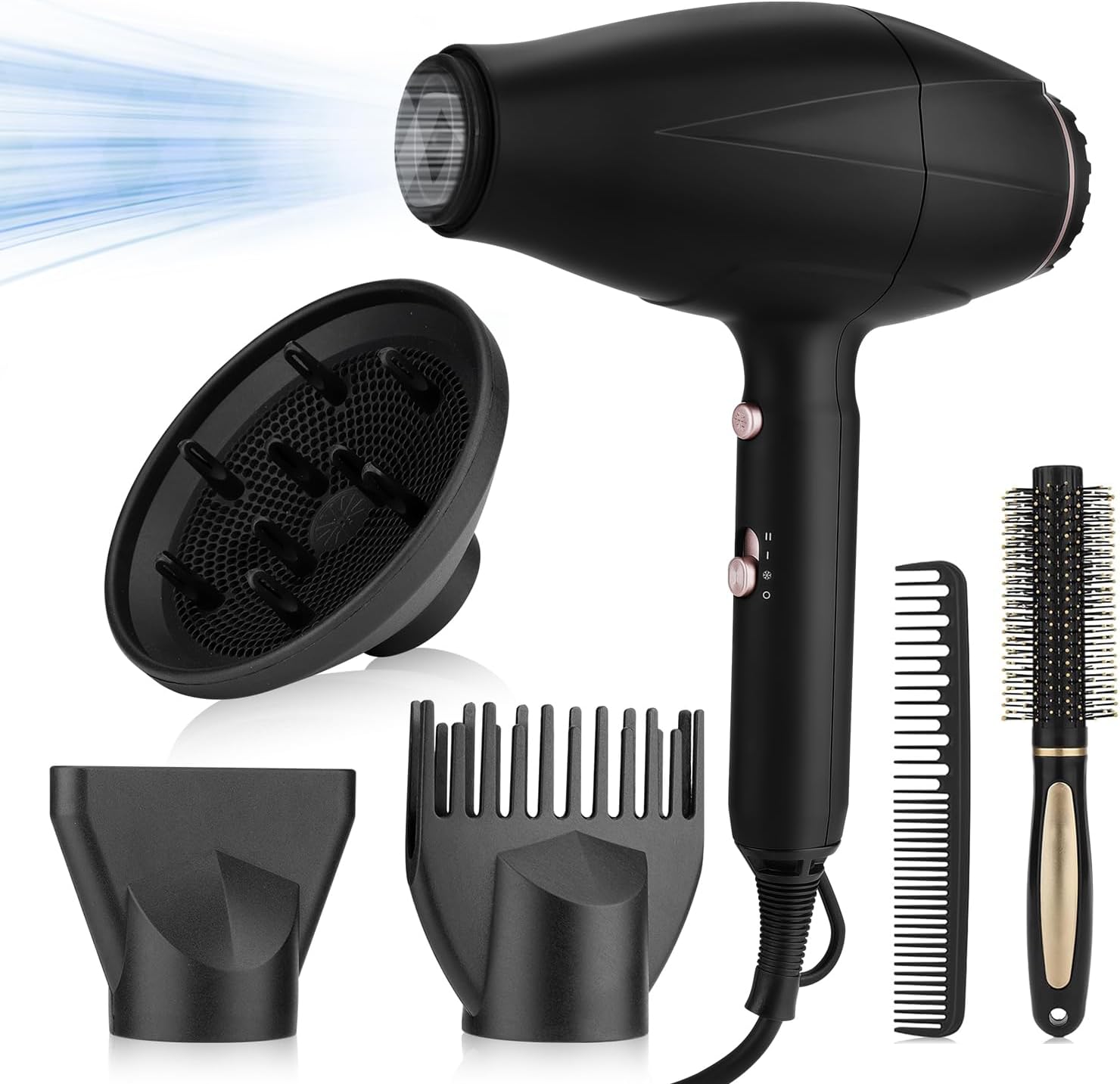 RESUXI Professional Ionic Hair Dryer,2200w AC Motor Blow Dryer Fast Drying Low Noise Travel Hair Dryers with Diffuser Nozzle Concentrator Comb for Women Curly and Straight Hair