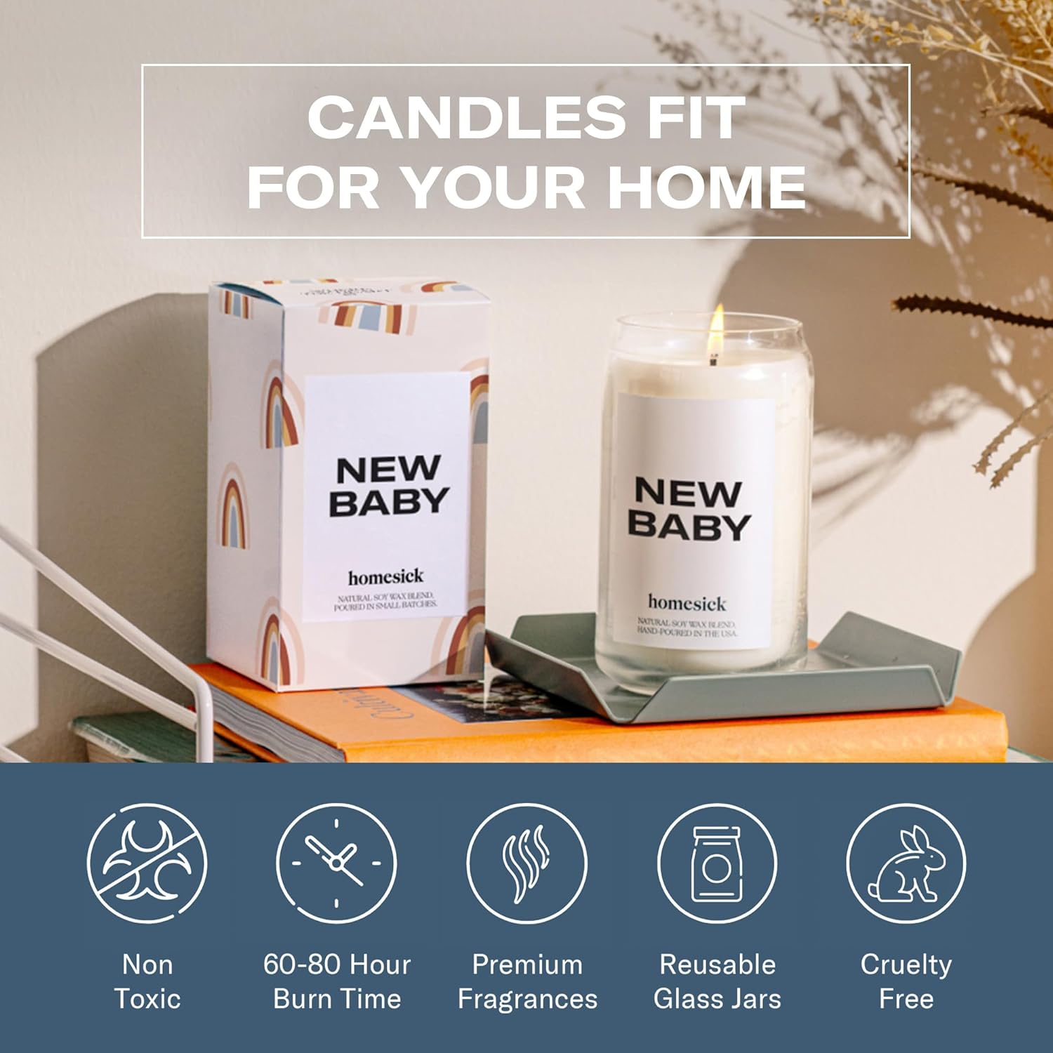 Homesick Scented Candles for Home (New Baby) - 13.75 oz Long-Lasting Natural Soy Wax Blend Jar Candle Gifts & Couples Baby Shower Favors, 60-80 Hours Burn Time - Notes of Geranium & Vanilla - Image 5