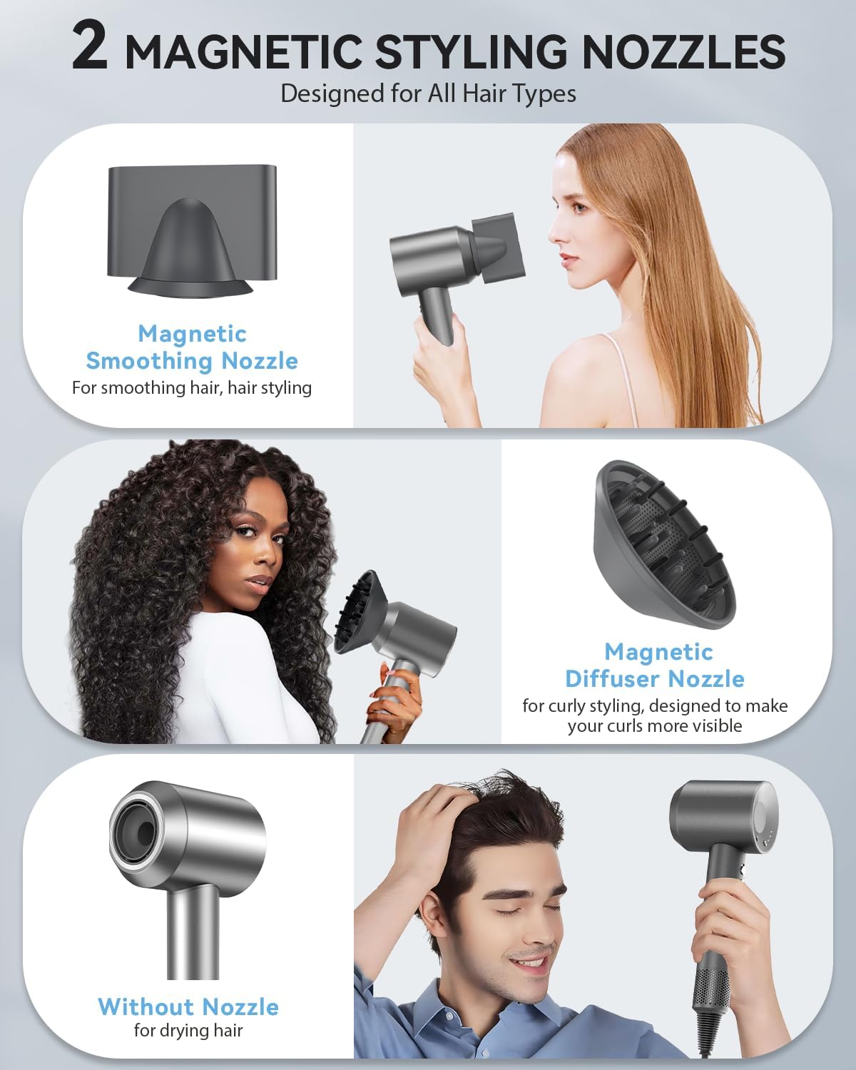 Ionic Hair Dryer with Diffuser, warmmama 1500W High Speed Blow Dryer with 3 Speeds and 4 Temps for Men & Women, Hair Blow Dryers Fast Drying Brushless Motor with Nozzle Bag for Home Salon Travel, Grey - Image 5
