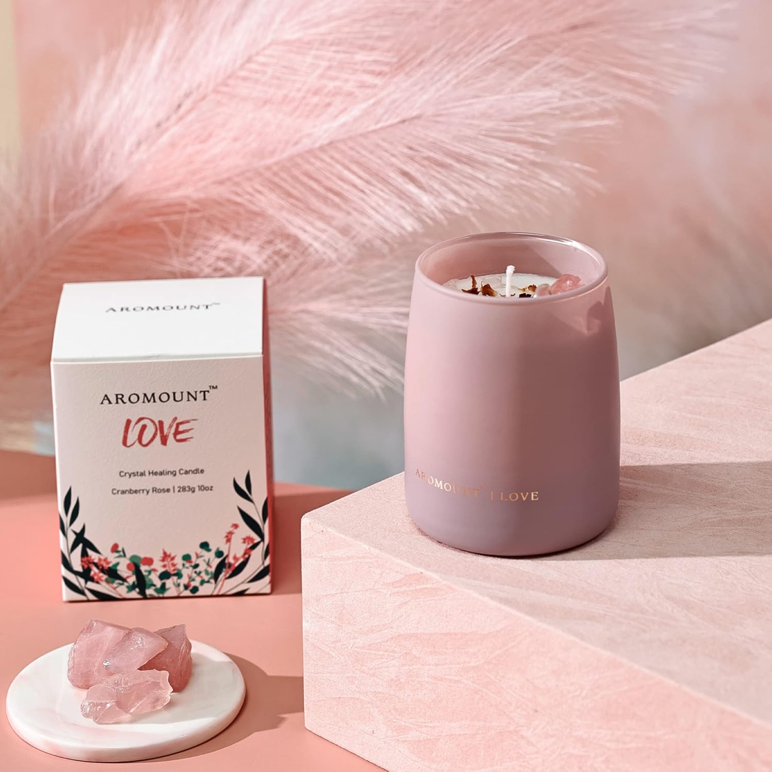 10oz Cranberry Rose Scented Soy Wax Candle with Rose Quartz Crystal 55 Hour Burn Time - Image 5