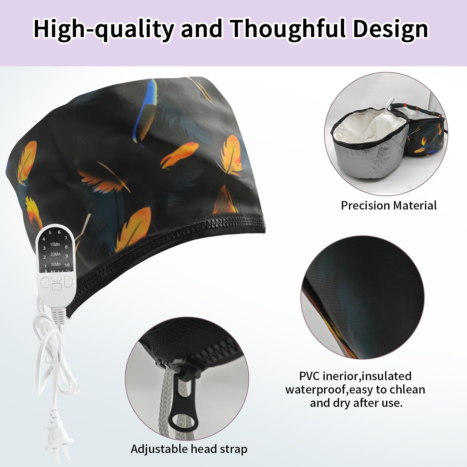 Portable Hair Steamer Cap Black Feather 10 Temp Settings 110V Electric Heating Hat - Image 4
