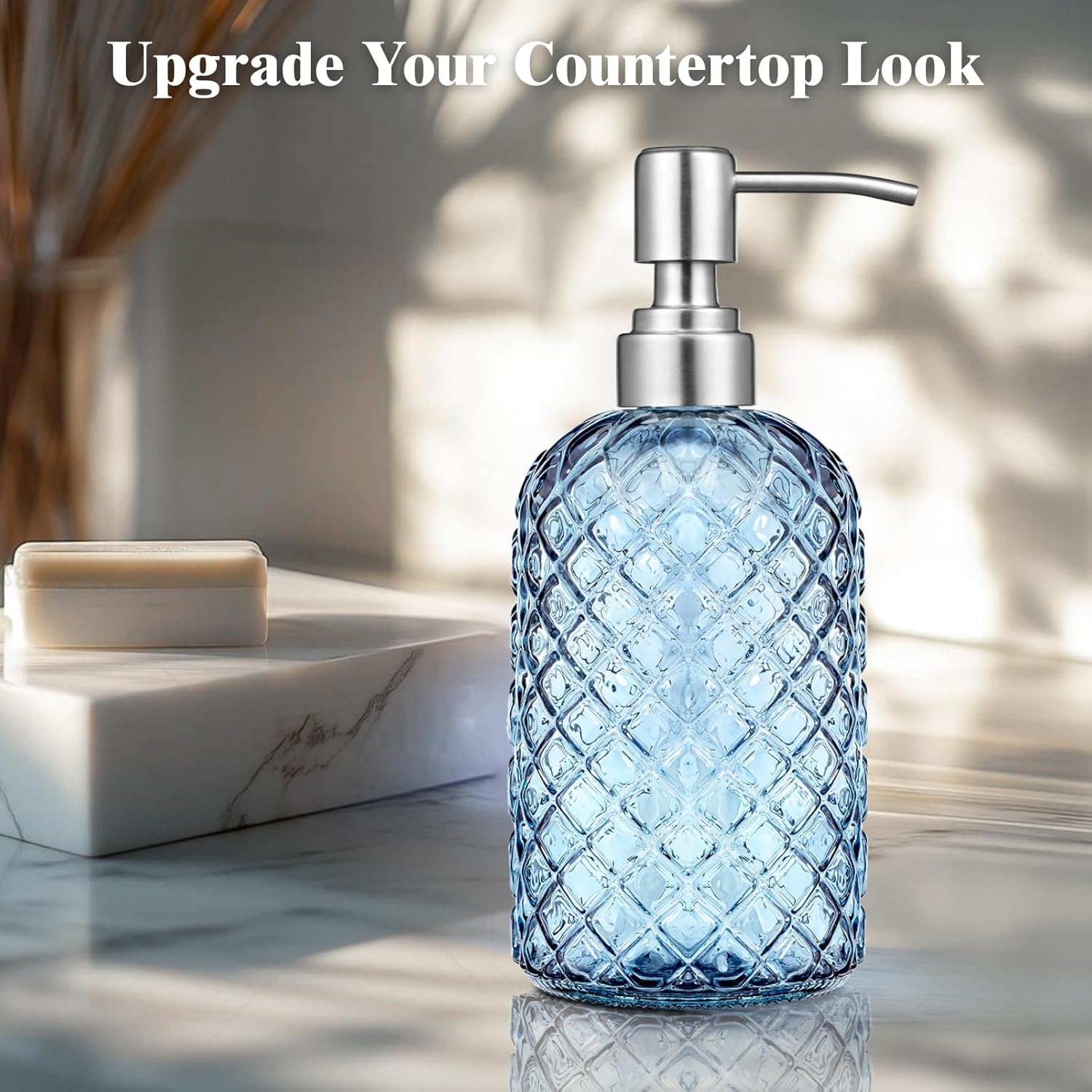 Blue Glass Soap Dispenser 18 oz Gem Pattern Stainless Steel Pump for Kitchen - Image 3