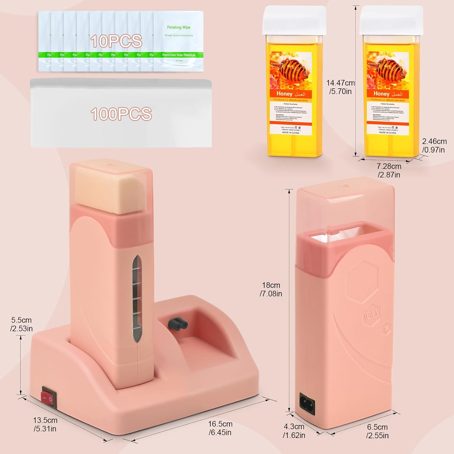 2-IN-1 Roll on Wax Kit, Seopri Double Wax Roller Kit for Hair Removal, Honey Roller Waxing Kit with 2 Wax Cartridge, 100 pcs Wax Strips, 6 Pre- and post-wax treatment wipes - Image 6
