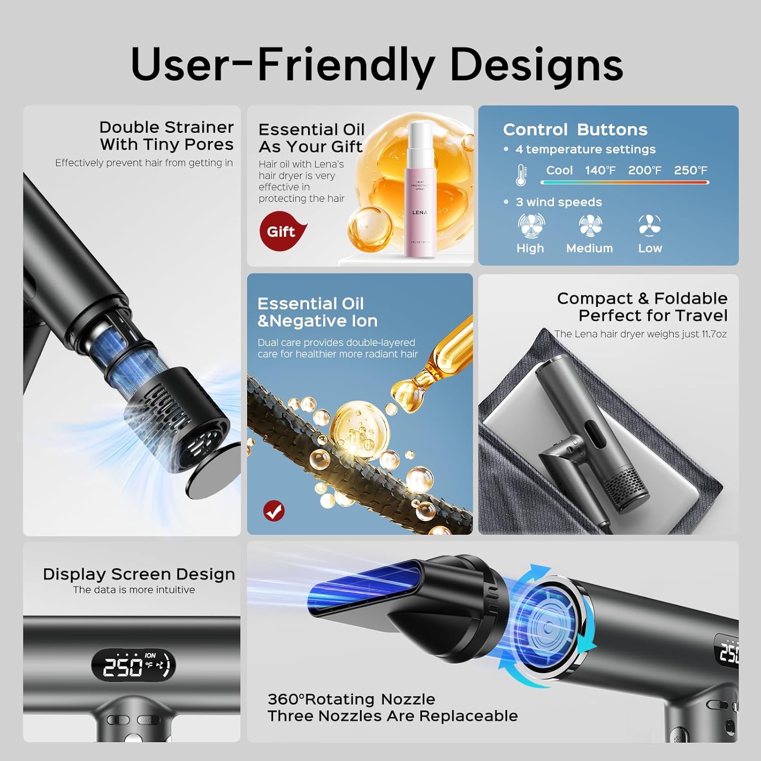 Diffuser Hair Dryer, Lena F10 High-Speed Travel Blow Dryer with Ionic Technology, Lightweight & Portable, Adjustable Temp/Speed, Low Noise & Fast Drying for All Hair Types - Image 4