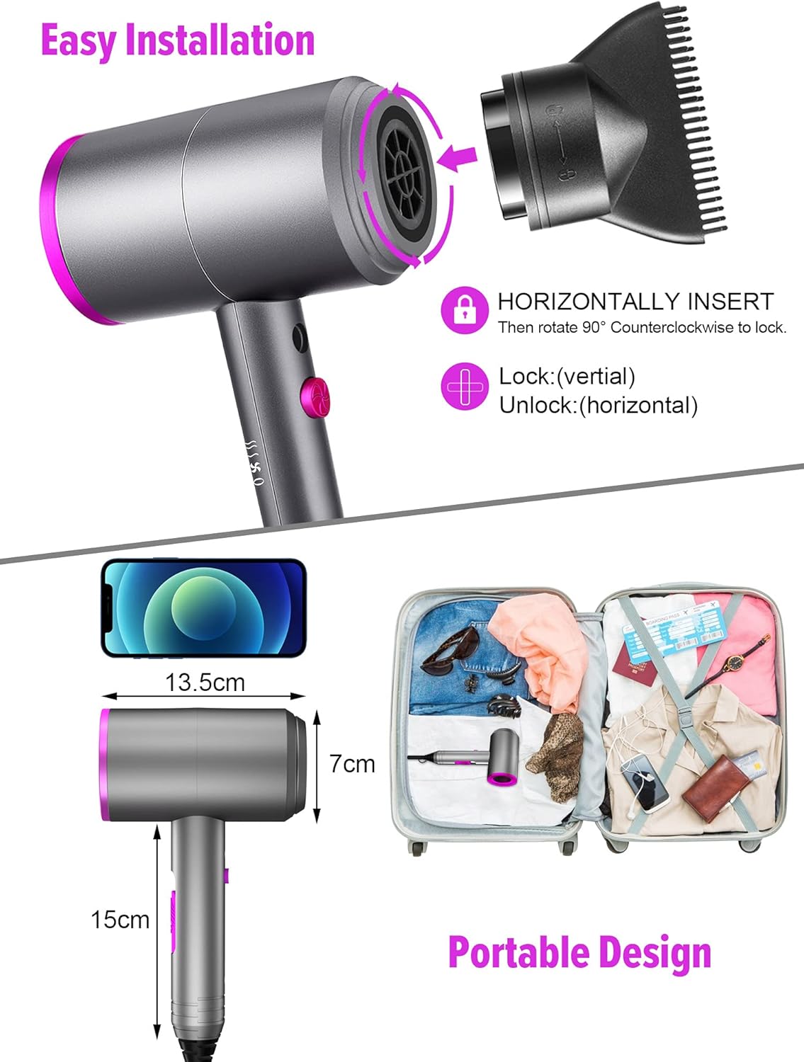 Ionic Hair Dryer, Professional Hair Blow Dryer Hot/Cold Air, 1800W Powerful AC Motor, Negative Ion Hairdryer Fast Drying, 2 Speed/3 Heating with 2 Nozzles&1 Diffuser, for Women Men Kids Salon Travel - Image 7