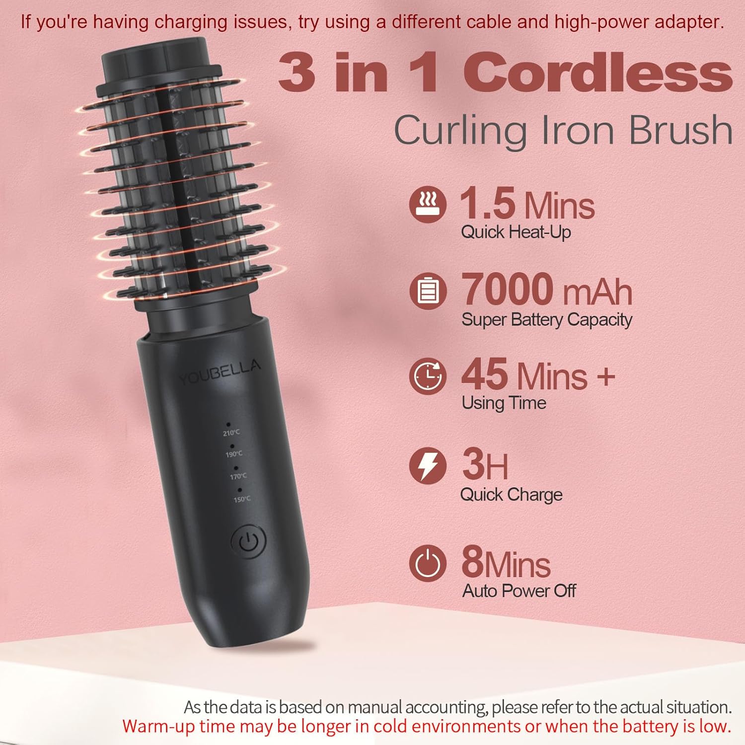 Cordless Hair Curling Iron Brush, Mini Travel Hot Straightener Comb, 3-in-1 Portable Wave Curling Wand, 1.5″ Ionic Heated Brush, USB Rechargeable Hair Curler, Pink - Image 4