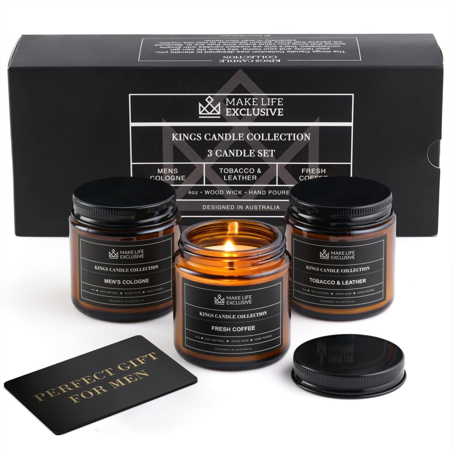 Set of 3 4oz Scented Candles for Men Gift Set | Bachelor Pad | Woodwick Crackling Masculine Scent Candles | Manly Cologne, Coffee, Tobacco & Leather Soy Candles | Unique Gift