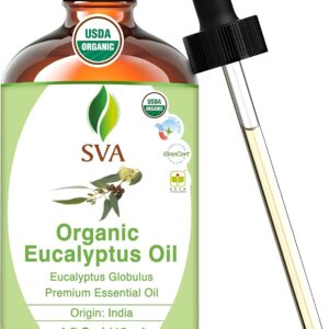 SVA Eucalyptus Essential Oil Organic – 4 Fl Oz – 100% Natural Organic Eucalyptus Oil - for Diffuser, Hair, Face, Skin Care, Aromatherapy, Scalp and Body Massage, Soap and Candle Making - with Dropper