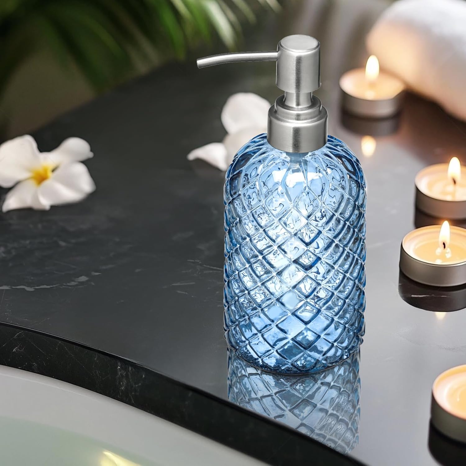 Blue Glass Soap Dispenser 18 oz Gem Pattern Stainless Steel Pump for Kitchen - Image 4