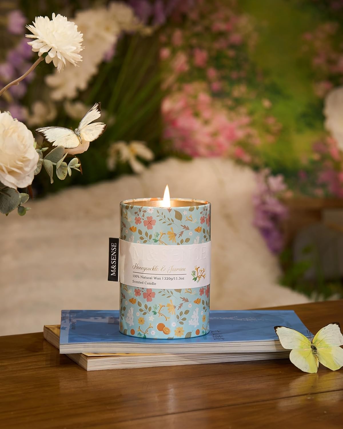 M&SENSE Honeysuckle Jasmine Scented Candle, Medium Jar Candle 11.3oz Natural Soy Wax for Home Scented, Floral Candles Gift for Spring Holiday, Up to 70 Hours Burning Long-Lasting Fragrance - Image 4
