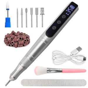 Cordless Nail Drill Set, Rechargeable & Adjustable Speeds Nail Drill Machine, Portable Nail File for Acrylic Gel Dip Powder Nails, Manicure Pedicure Tools Polishing Set for Beginner Silver