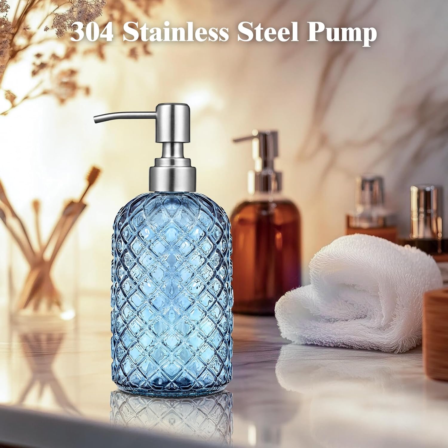 Blue Glass Soap Dispenser 18 oz Gem Pattern Stainless Steel Pump for Kitchen - Image 5