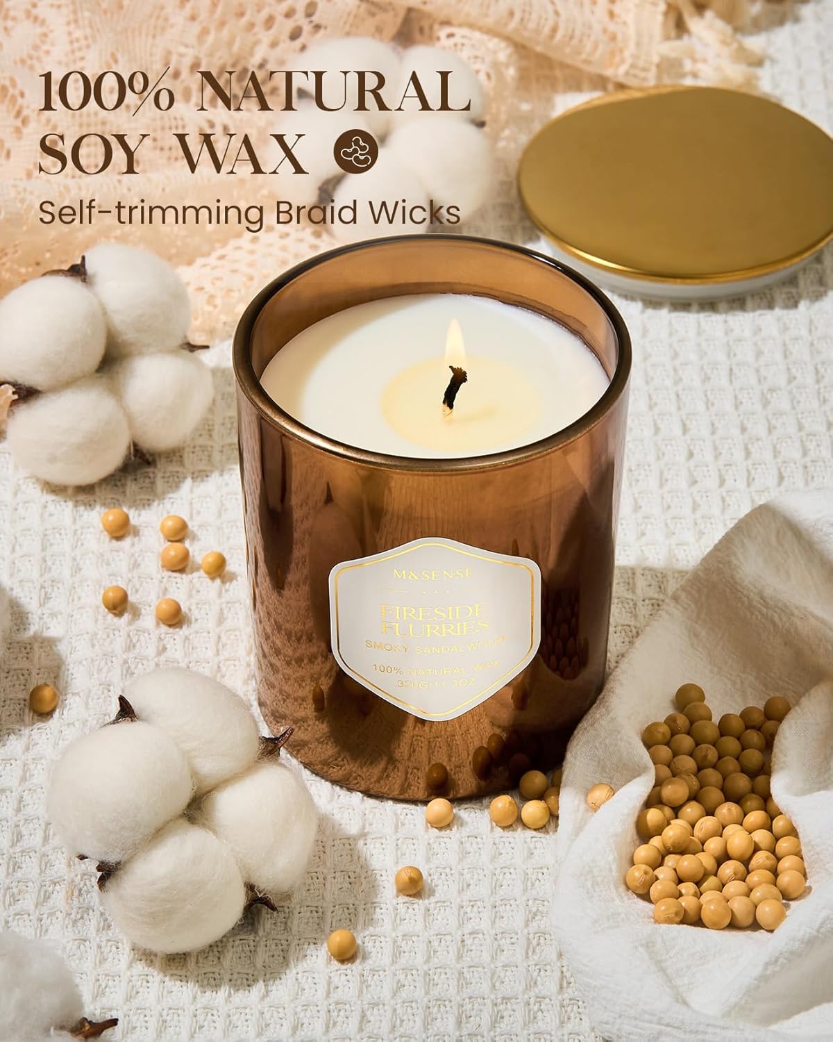 M&SENSE Fireside Flurries Candle - 11.3oz Smoky Sandalwood Scented, 70 Hours Burn Time, Natural Soy Wax for Holiday, Non-Toxic Clean Burn Cotton Wick for Spa Yoga - Image 3