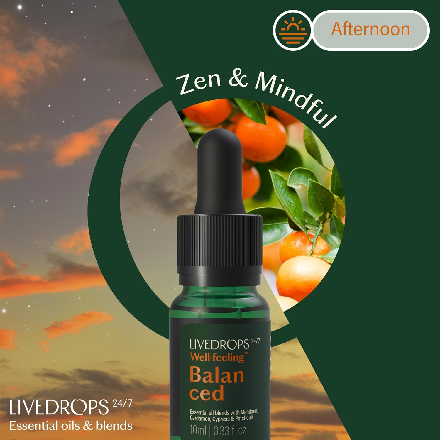 LIVEDROPS 24/7 Balanced Essential Oil Blend - Crafted in France Mandarin, Cardamon & Patchouli - Pure & Natural - Aromatherapy - Skin Safe & Diffuser Compatible - Clinically Tested - Image 2