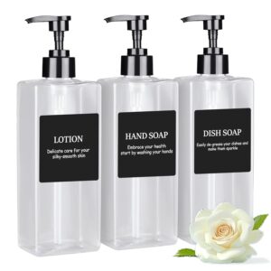 Clear Refillable Plastic Pump Bottle Dispenser Set with Waterproof Labels, Empty Bathroom Soap and Body Wash Dispenser for Shower (Set of 3, 500ML)