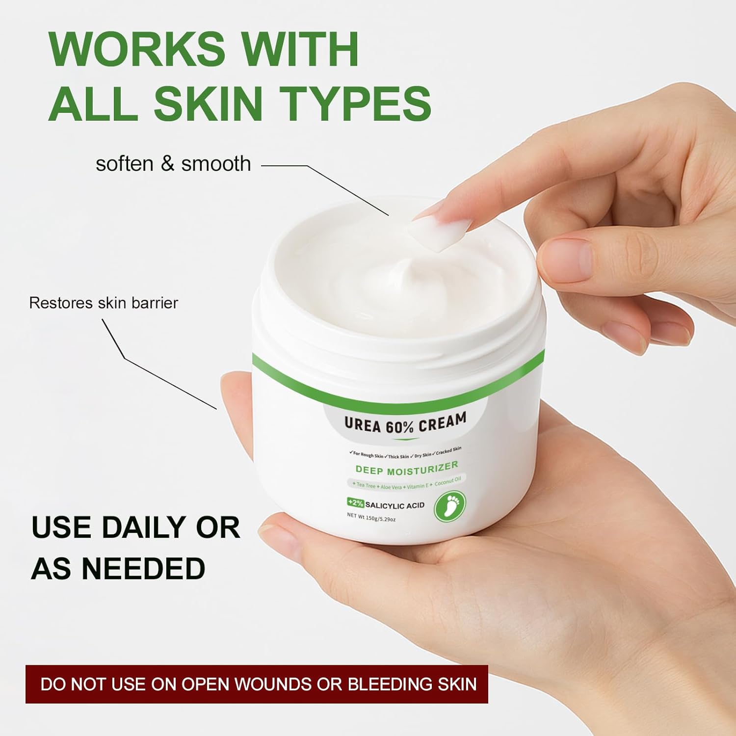Urea Cream 60 Percent For Feet Maximum Strength Plus Salicylic Acid 2%, Tea Tree Foot Lotion For Dry Feetcracked Heels Treatment Athletes Foot Cream Intensive Repair Foot Moisturizer Care 5.29oz - Image 5