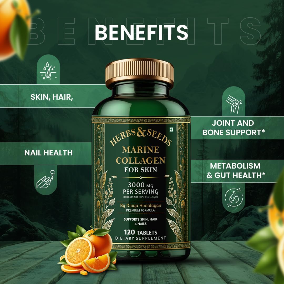 HERBS & SEEDS Marine Collagen Supplement Tablets Hydrolysed Collagen Peptides Supplement Enriched with Biotin Vitamin C Vitamin E for Hair Skin & Nails - 120 Tablets - Image 5