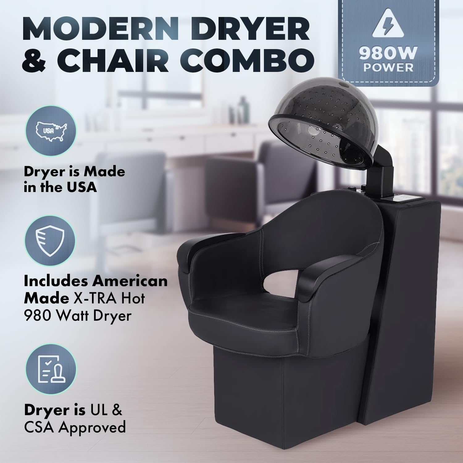 Buy-Rite Luna Noir Salon Styling Chair Combo with 980W Dryer, 60-Min Timer, Extra-Wide Seat, Assembled - Image 2