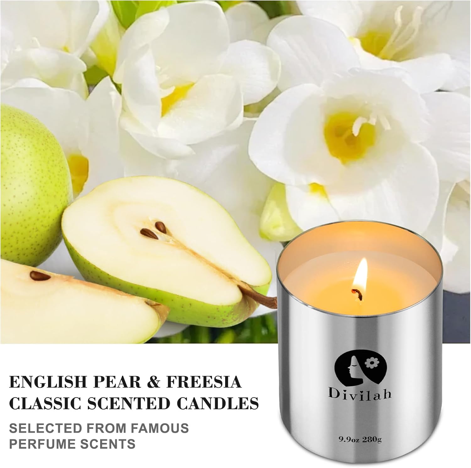 English Pear & Freesia 9.9oz Natural Soy Wax Candle, 65 Hour Burn Time, Silver Jar - Image 3