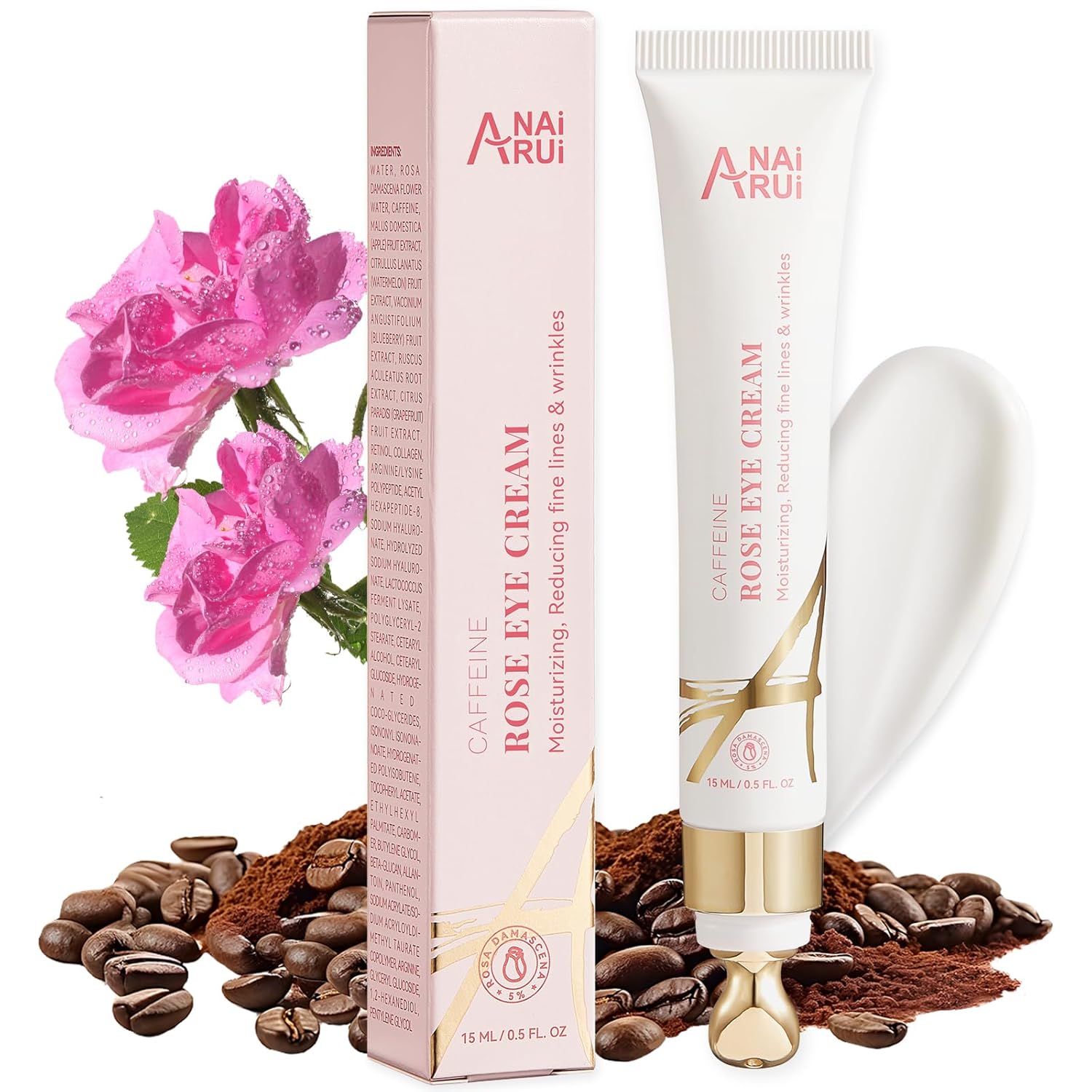 ANAI RUI Rose Caffeine Eye Cream for Dark Circles, Mother's Day Gift for Women, Anti-Aging Eye Cream with Retinol, Collagen, Hydrating, Firming, Reduce Wrinkles and Fine Lines Daily 0.5 FL OZ