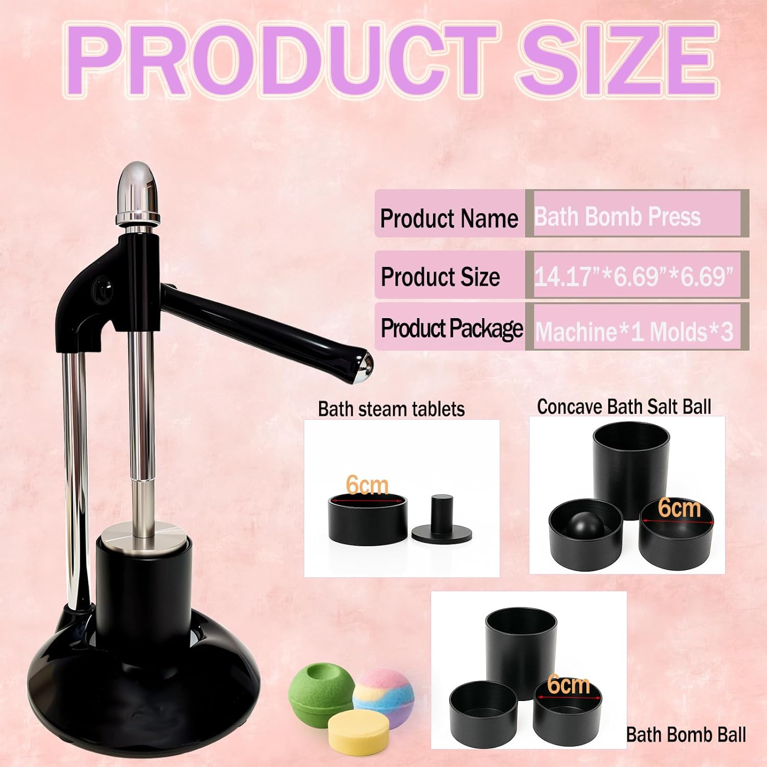 Black Bath Salt Ball Press Machine,DIY Bath Bomb Tool,Bath Salt Ball Maker with 3 Set Molds,DIY for Round,Surprise Bath Bomb Ball,Shower Steamers - Image 2