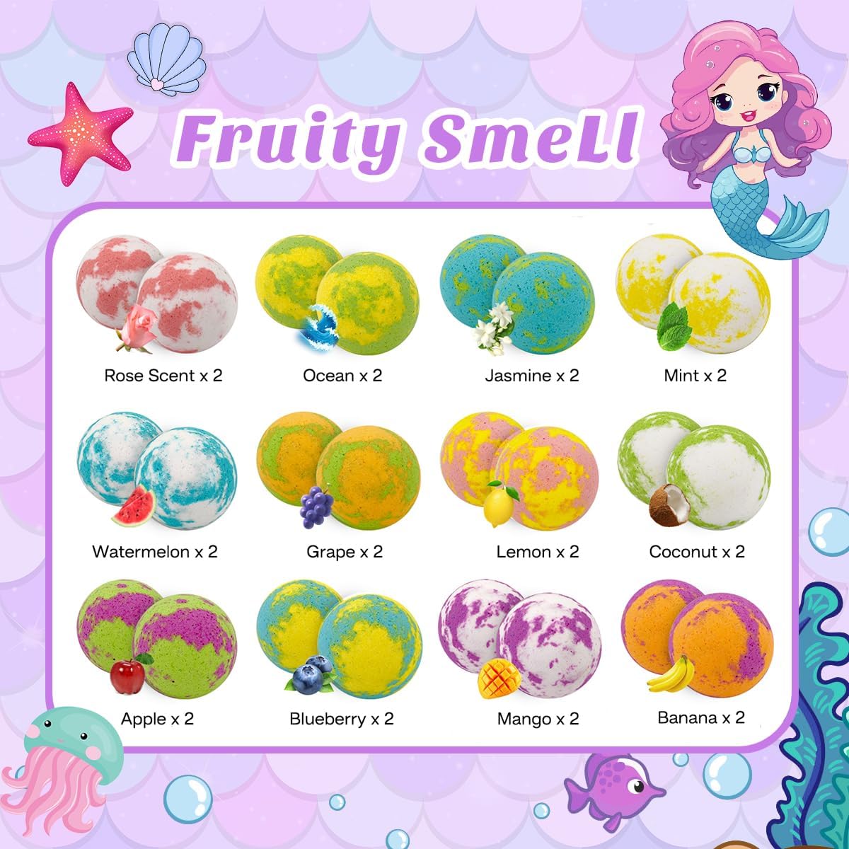 Mermaid & Unicorn Brand 24 Count Mermaid-Themed Kids Bath Bombs Set with Fruity Scents and Surprise Jewelry Inside - Image 3
