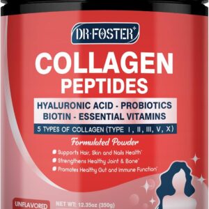 Multi Collagen Peptides Powder with Probiotics - Type I II III V X - Hydrolyzed Collagen Peptides with Multivitamins, Hyaluronic Acid & Biotin - Support Skin Hair Nail Joints & Gut, 35 Servings