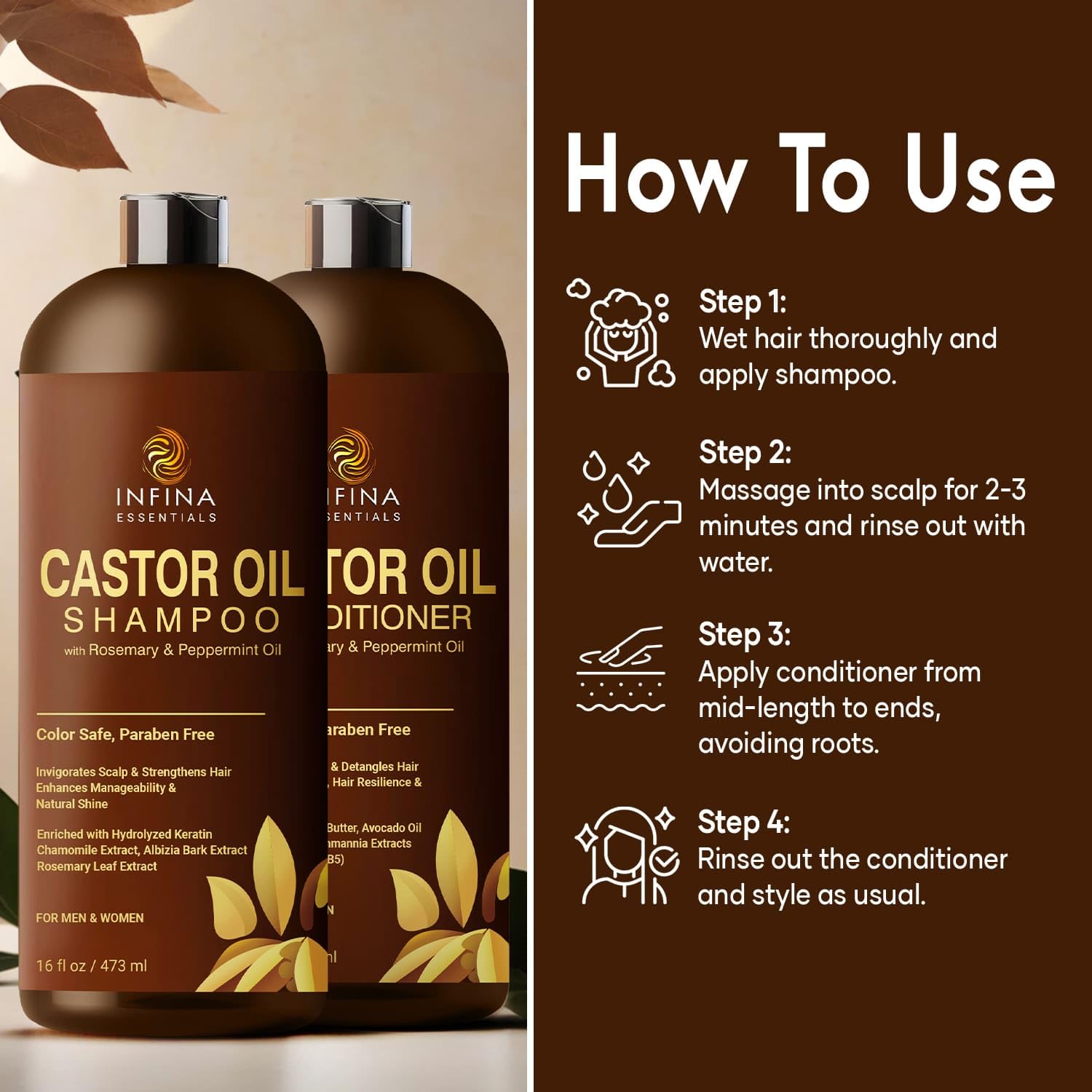 Castor Oil Shampoo and Conditioner Set for Hair Growth with Rosemary & Peppermint Oil - Cleanse Hair, Strengthen & Shine with Castor Shampoo and Conditioner - Anti-Hair Loss for Men & Women - 16 fl oz - Image 4