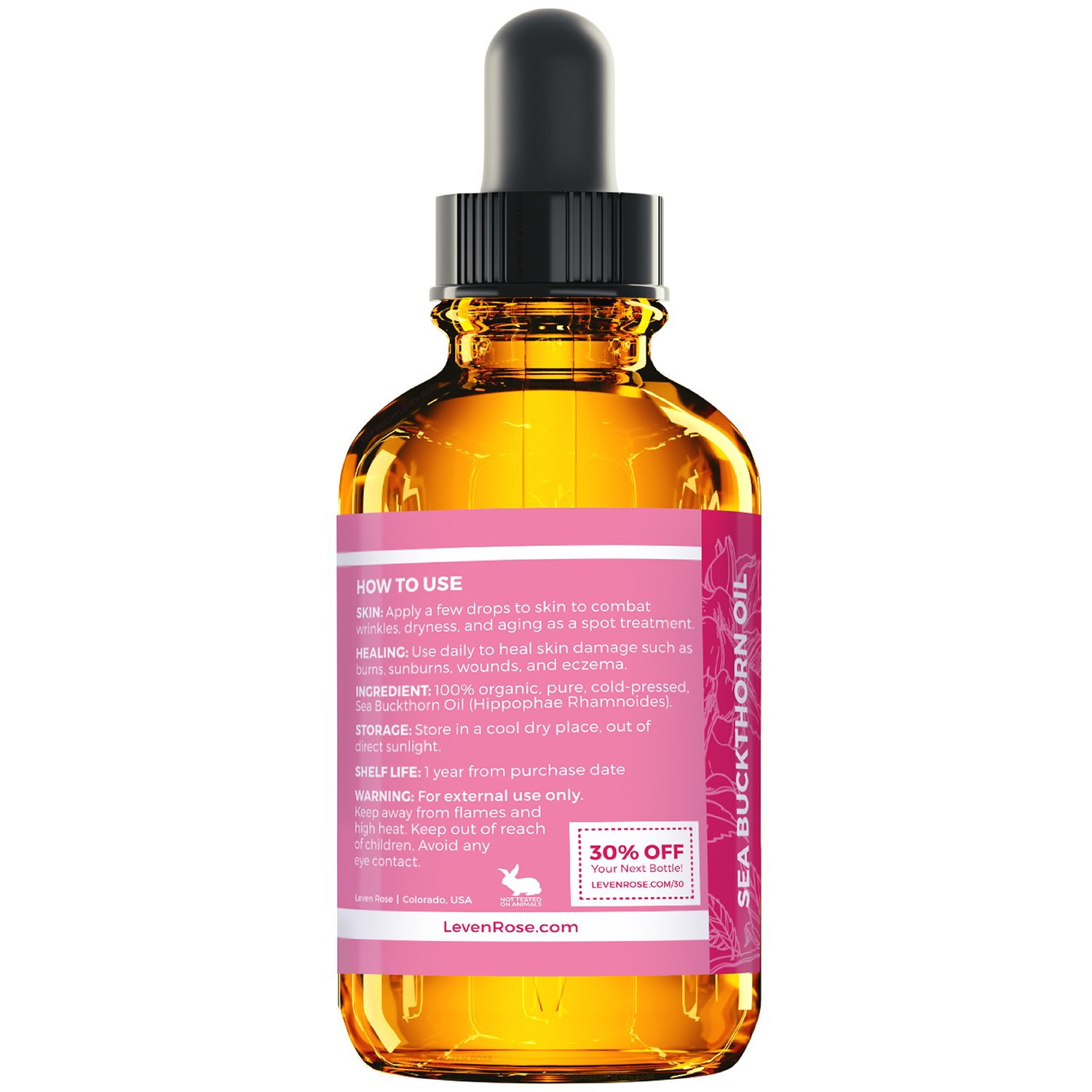Leven Rose Sea Buckthorn Seed Oil, 100% Pure Unrefined Cold Pressed Anti Aging Acne Treatment for Hair Skin and Nails (1 oz) - Image 4
