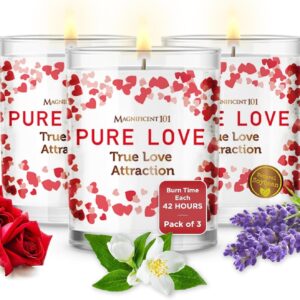 Magnificent 101 Set of 3 Long-Lasting Pure Love Smudge Candles | 3.5 Oz Each - 42 Hour Burn | Made of Soy Wax with Florals & Essential Oils for True Love Attraction & Manifestation