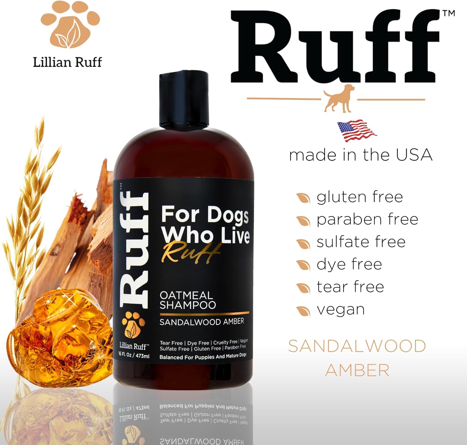 RUFF by Lillian Ruff Oatmeal Dog Shampoo | Sandalwood Amber | Professional Dog Shampoo With Aloe & Coconut Oil | Relieves Itching & Hot Spots | Moisturizing & Deodorizing | Safe for Puppies | USA Made - Image 5