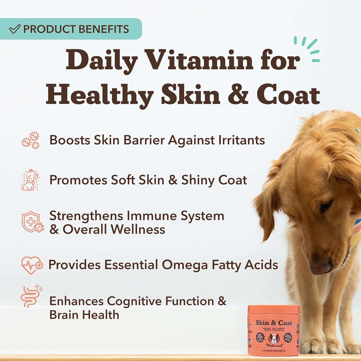 Natural Dog Company Skin & Coat Supplement for Dogs Omega-3 Rich Salmon Oil Chews for Itchy Skin Relief, Shedding & Allergy Support, Shiny Coat Health, with Biotin, Vitamin E, Grain-Free (90 Count) - Image 3