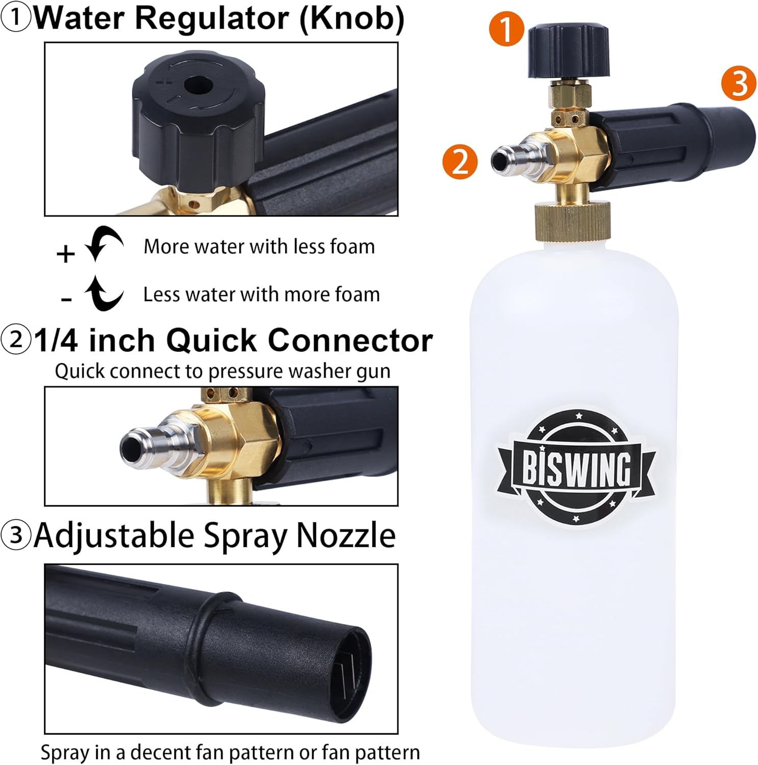 Biswing 4000 PSI Pressure Washer Gun Kit with 1 Liter Foam Cannon and 5 Nozzle Tips - Image 2