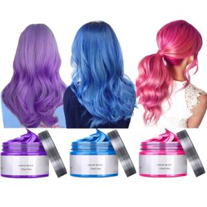 Temporary Hair Color Wax, Hair Color Dye Gift for Girls Kids Age 4 5 6 7 8 9 10+, 3 Color Men&Women Hair Styling Clays Strong Hold Pomade for Birthday Halloween Christmas Cosplay(Blue+Pink+Purple)