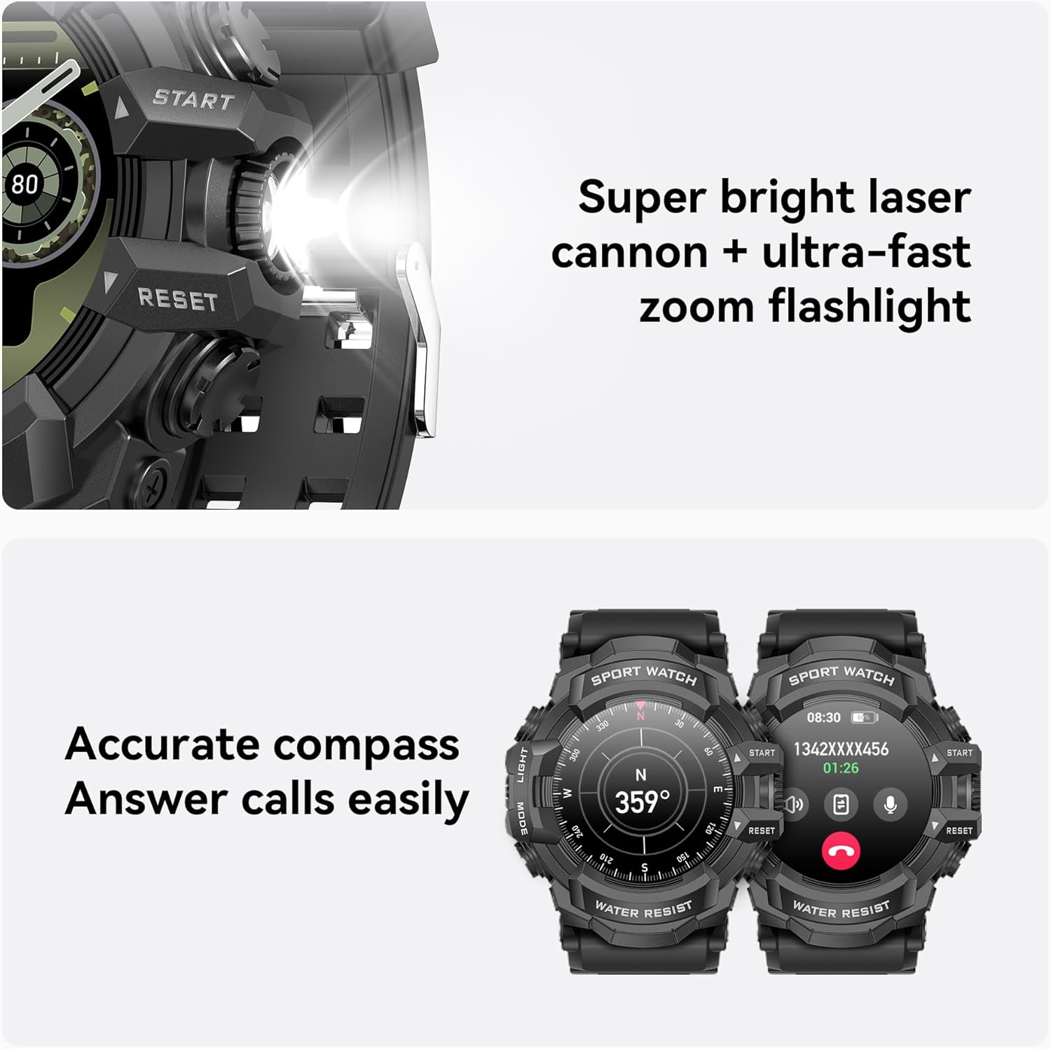 MIDDOW Military Smart Watch with Flashlight (Answer/Make Call) Compass, Heart Rate/Sleep/Sports Tracker, IP68 Waterproof, Long Battery Life, HD Screen, Android & iOS (Black) - Image 3