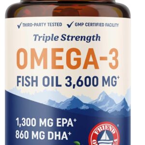 Triple Strength DHA Omega 3 Fish Oil 3600 mg | Over 2100mg Omega-3 Fatty Acids with 860mg of DHA | 1300mg EPA | Best Essential Fatty Acids | Premium Wild Caught & Burpless Fish Oil | 120 Softgels