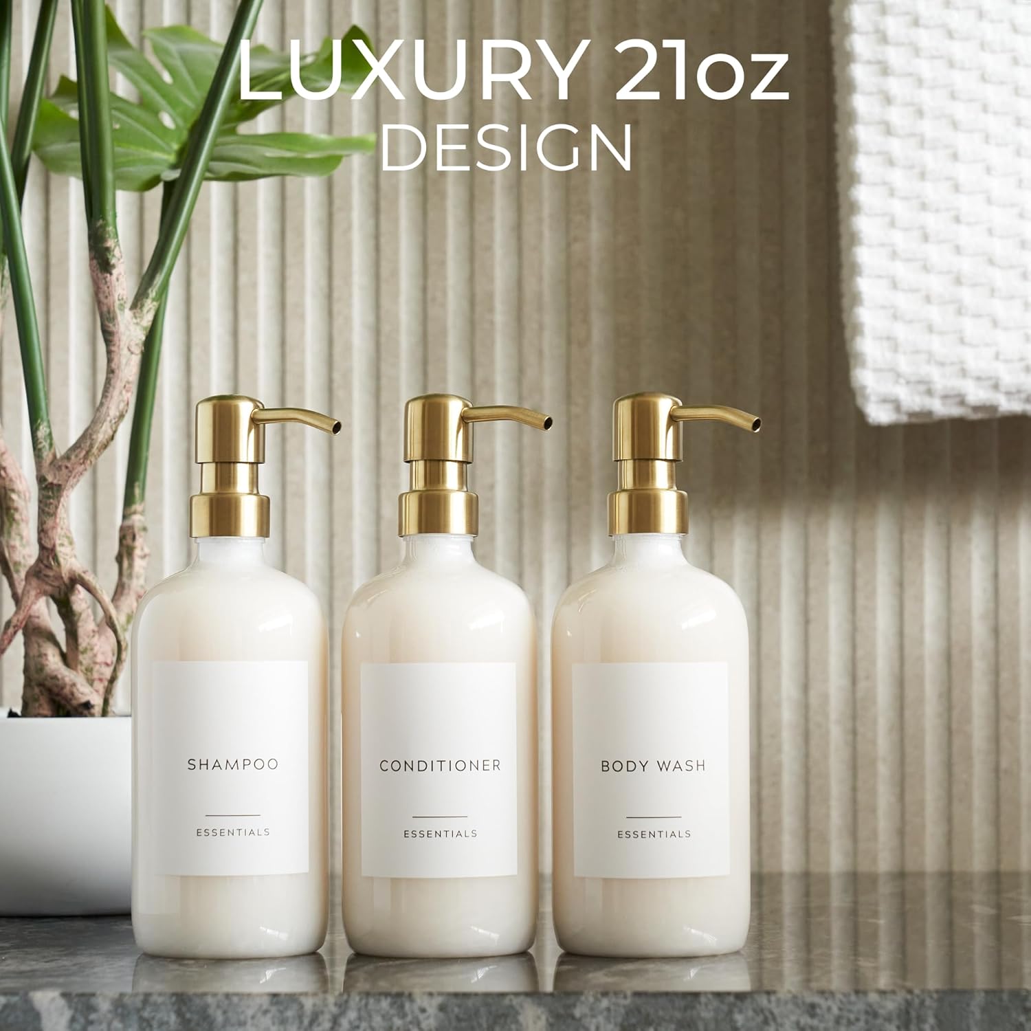 Modern Clear 21oz Shampoo and Conditioner Dispenser Set of 3 with Pumps and Labels for Bathroom Decor - Image 3