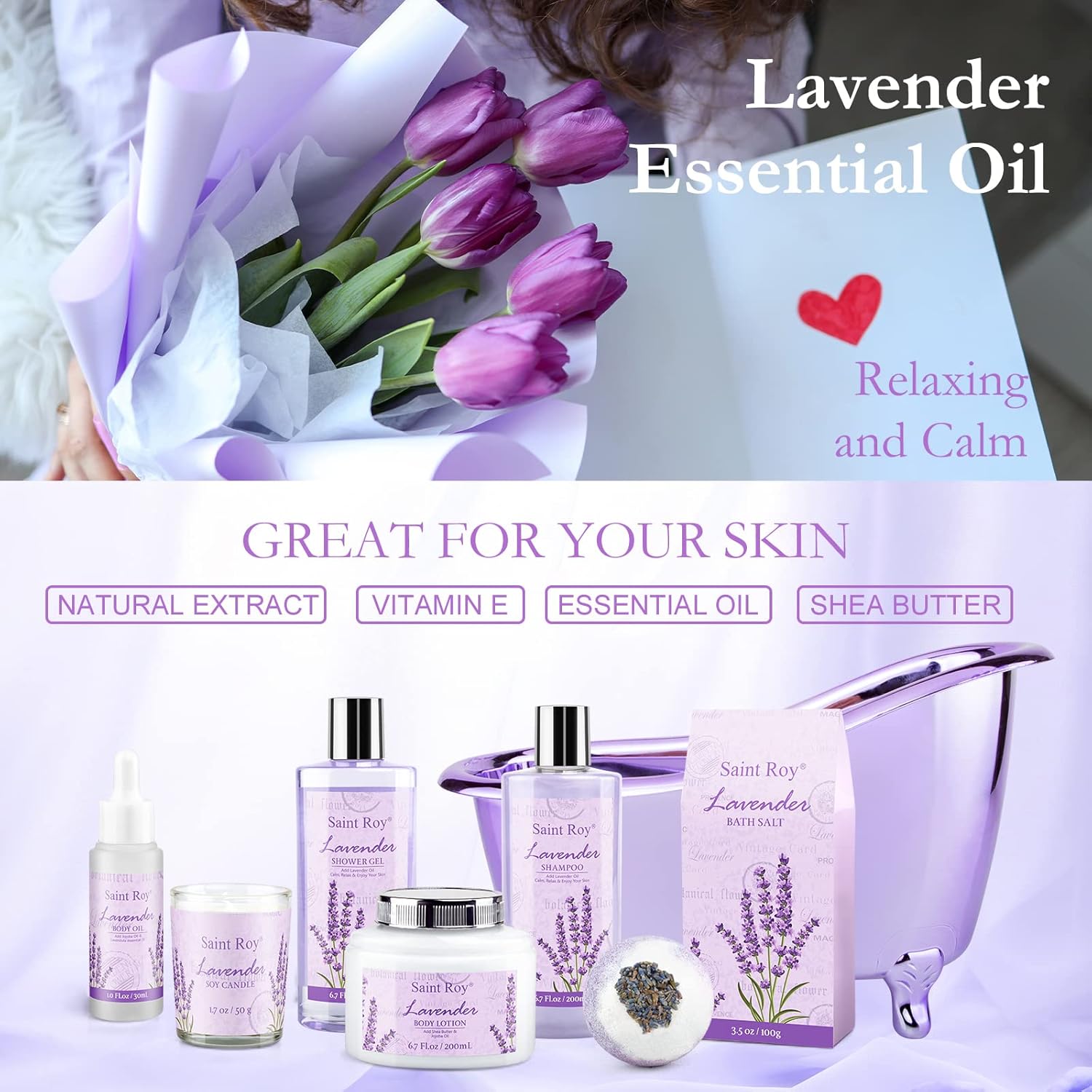 Lavender scented gifts for mom Spa Gift Baskets for Women - spa baskets for women gift Lavender Gifts for Women, Bath Set with Shower Gel, Home Spa Kit Gifts for Her, Christmas, Mothers Day - Image 2