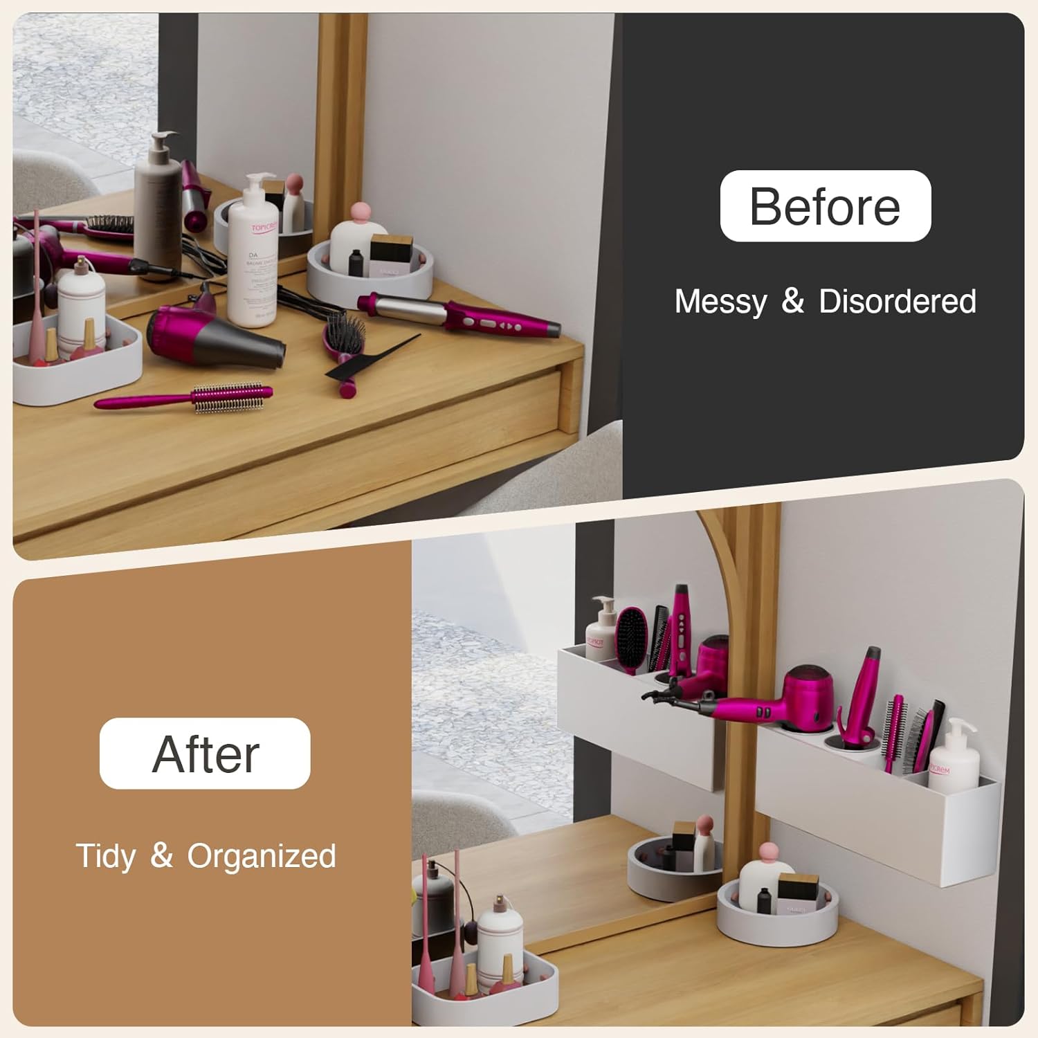 Wall Mount Hair Tool Organizer, Acrylic Hair Dryer Holder with 2 Stainless Steel Cup, for Hair Straighteners, Flat Iron, Curling Wand, Blow Dryer - Image 4