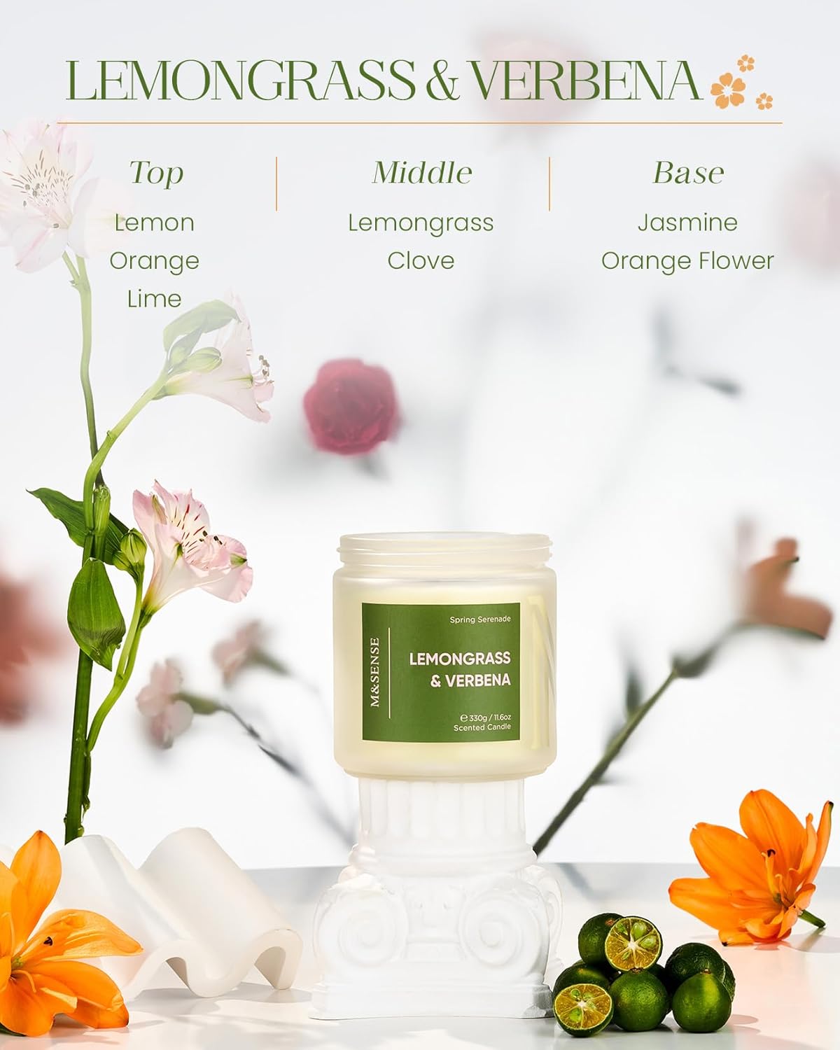 M&SENSE Lemongrass Verbena Scented Candle - 11.6oz 70 Hours Burn Time Natural Soy Wax Non-Toxic Candle, 2-Wick Aromatherapy Home Decor Fragrance Gifts for Relaxation & Stress Relief - Image 2