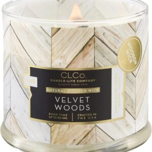 CLCo by Candle-lite Wood Wick Scented Candles, Velvet Woods Fragrance, One 14 oz. Single-Wick Aromatherapy Candle with 90 Hours of Burn Time, White Color