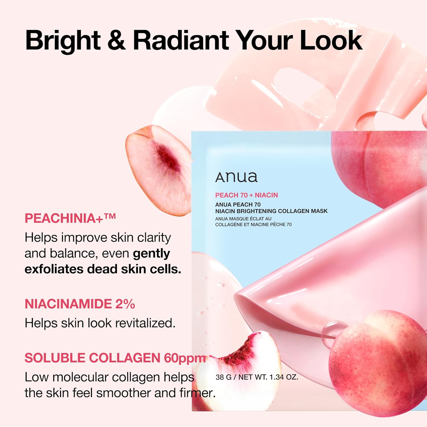 ANUA Peach 70 Niacin Brightening Collagen Overnight Face Mask 38g 4 Pack - Image 3