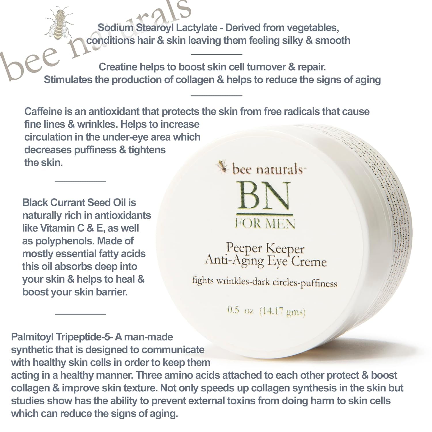 Bee Naturals Peeper Keeper Men’s Eye Crème 0.5 oz – Hydrating Eye Cream with Peptides & Caffeine – Reduces Appearance of Puffiness, Dark Circles & Fine Lines – Lightweight, Fast-Absorbing - Image 2