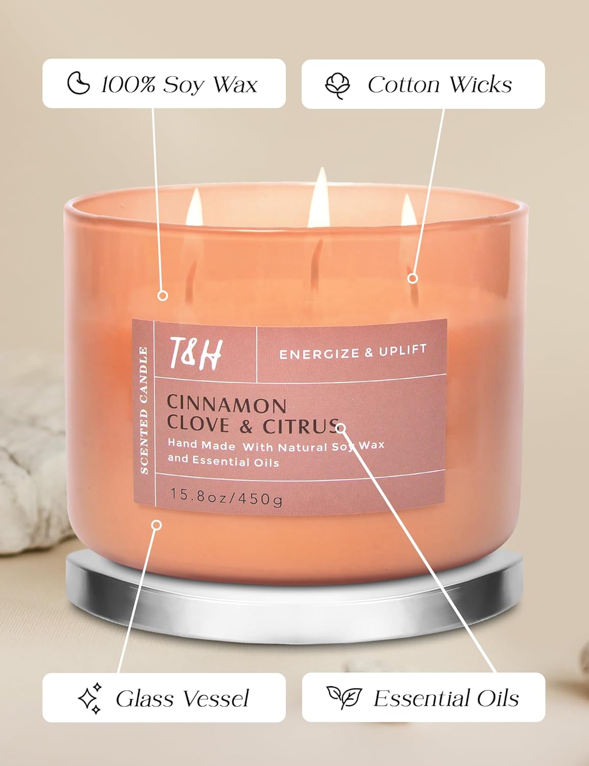 Cinnamon Clove Citrus 3 Wick Scented Candle | Large Soy Candles for Home 15.8 oz | Uplifting Candle for Men and Women | Relaxing Aromatherapy Candle Gift | Cozy Candles Long Lasting Scent - Image 5
