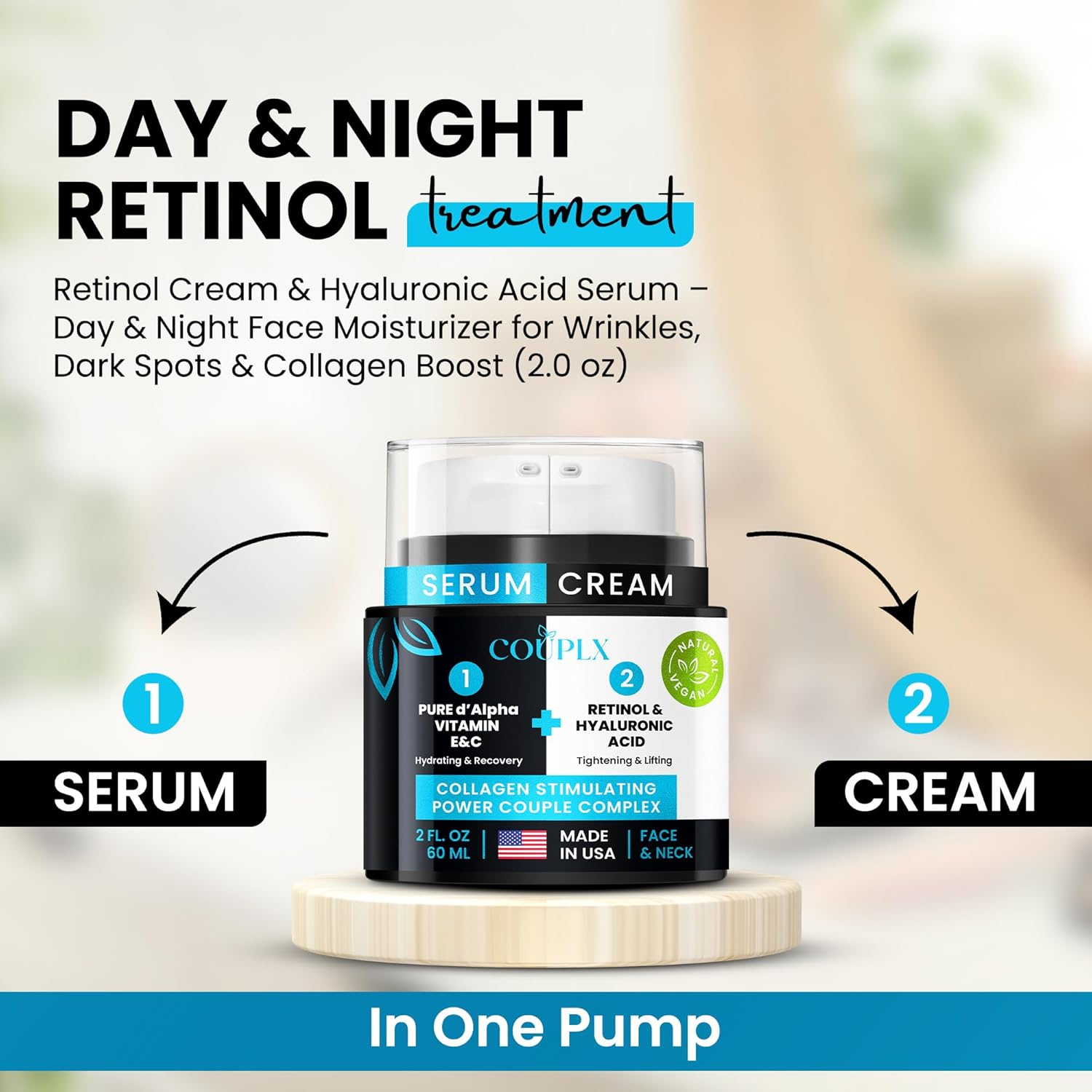 2-in-1 Collagen Booster, Retinol & Hyaluronic Acid Cream & Serum, Anti-Aging, Lifting Skin-Tightening Moisturizer for Men & Women, Neck and Décolleté, Made in USA Daily Moisturizer Face Cream, 2.0 oz - Image 3